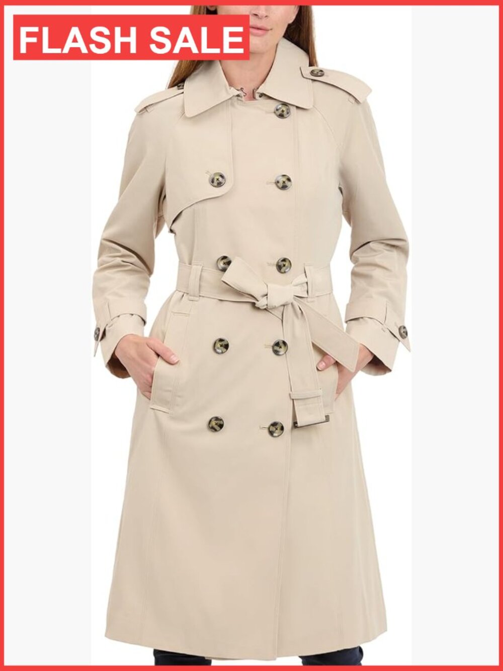 Double-Breasted Long Trench Coat with Belt - Stone